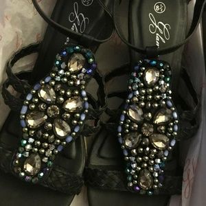 Black Jewel Sandal Wedge Heel Size 8.5